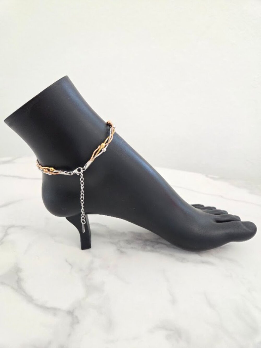 Tri-Tone Beaded Snake Chain Anklet Braided Gold Rose Gold Silver - Picture 5 of 12